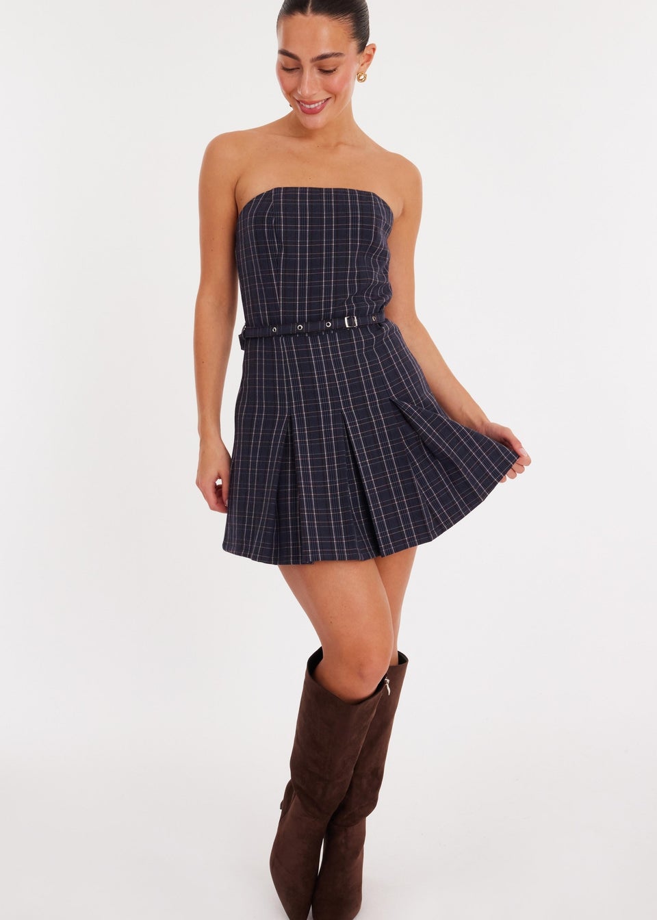Quiz Blue Check Woven Strapless Mini Dress
