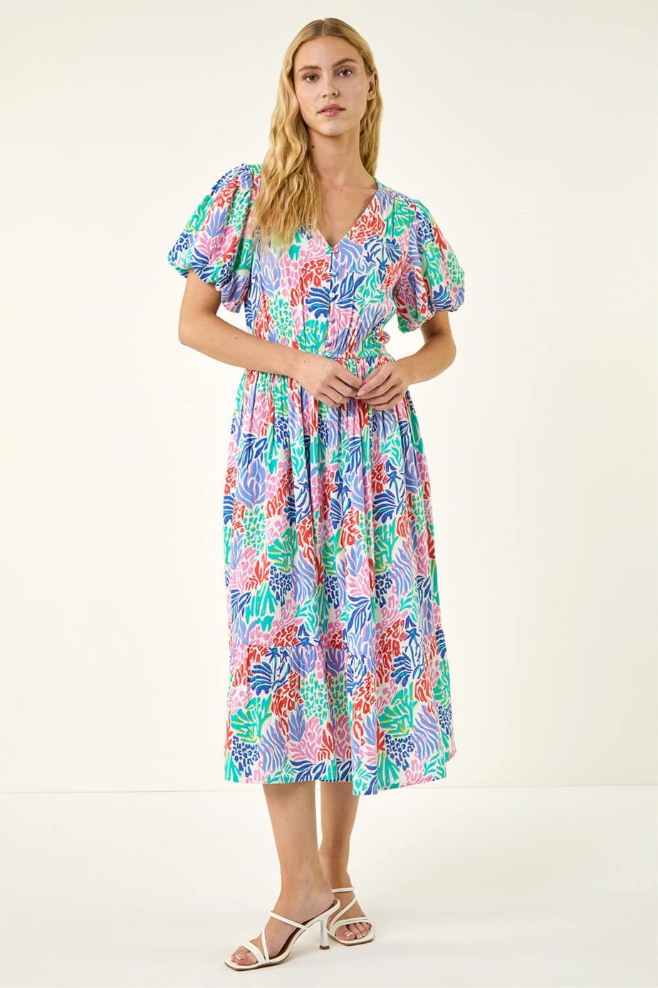 Roman Pink Abstract Print Button Midi Dress