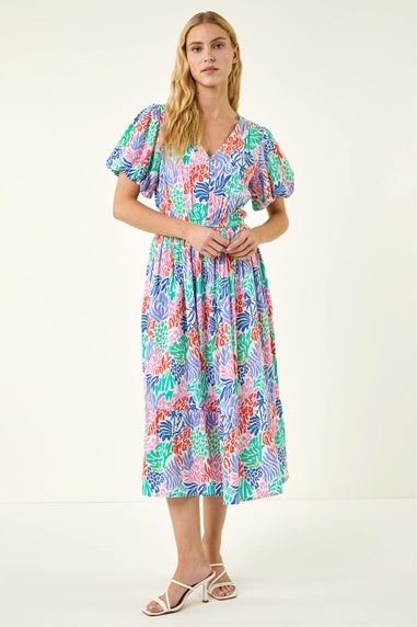 Roman Pink Abstract Print Button Midi Dress