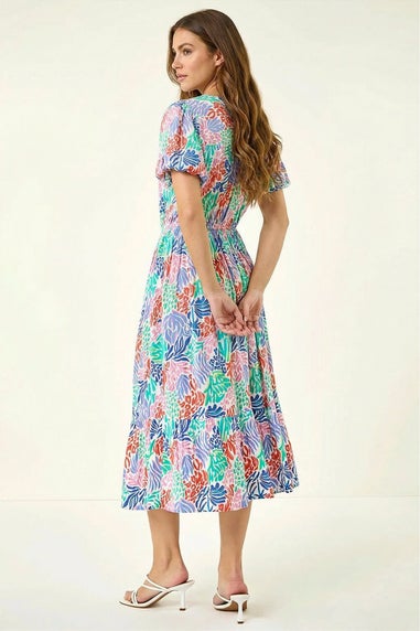 Roman Pink Abstract Print Button Midi Dress