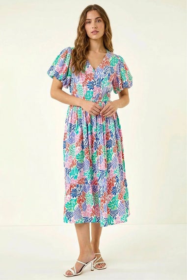 Roman Pink Abstract Print Button Midi Dress