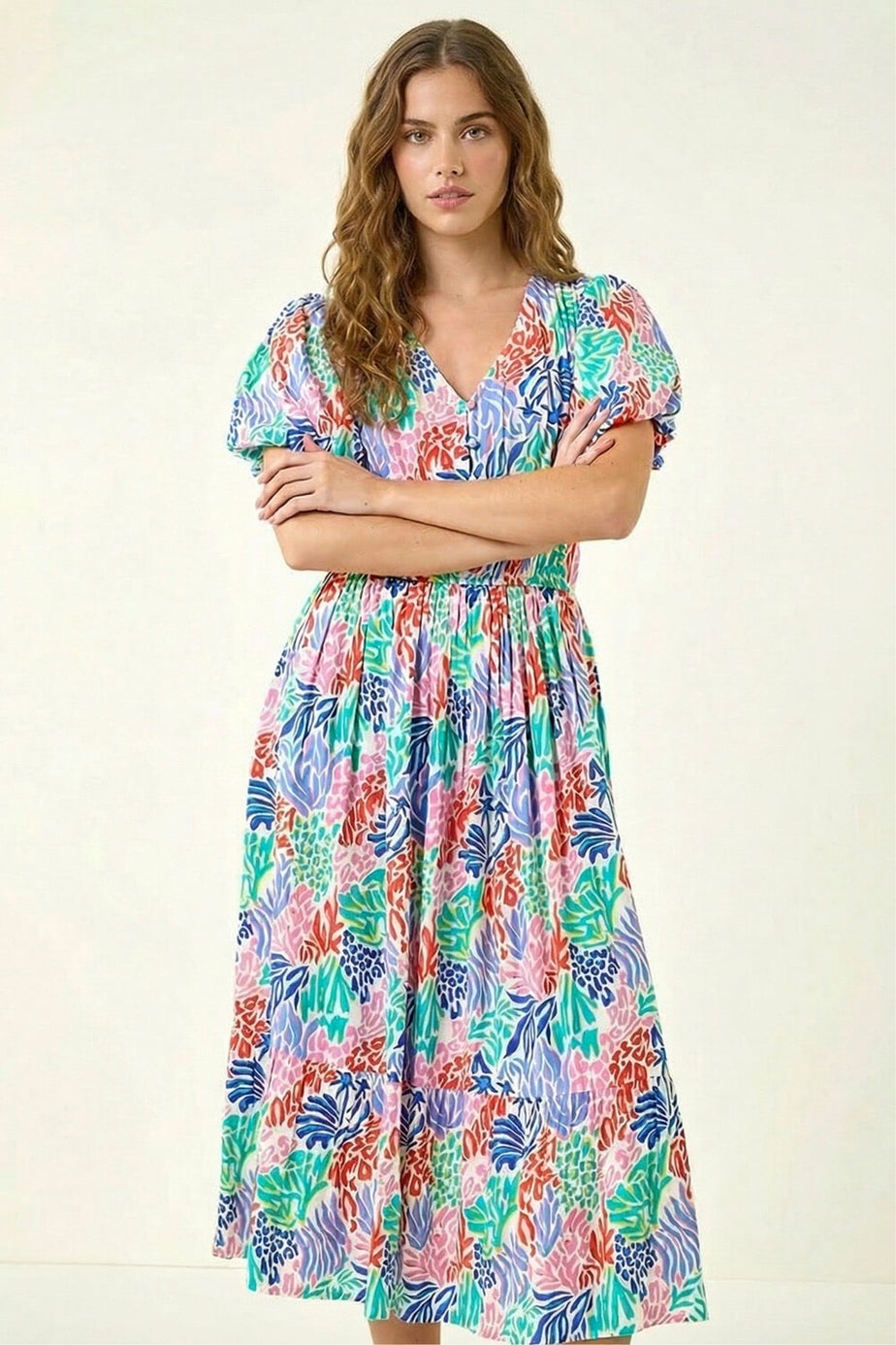 Roman Pink Abstract Print Button Midi Dress