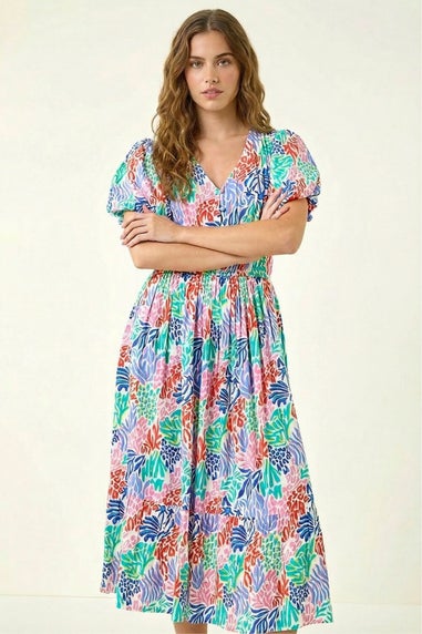 Roman Pink Abstract Print Button Midi Dress