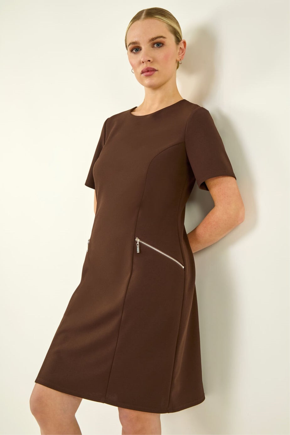Roman Chocolate Petite Zip Pocket Stretch Dress