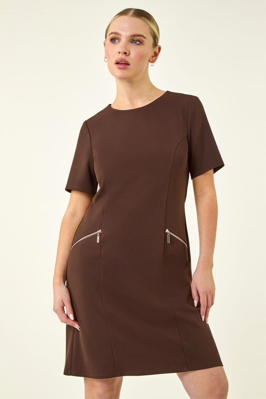 Roman Chocolate Petite Zip Pocket Stretch Dress