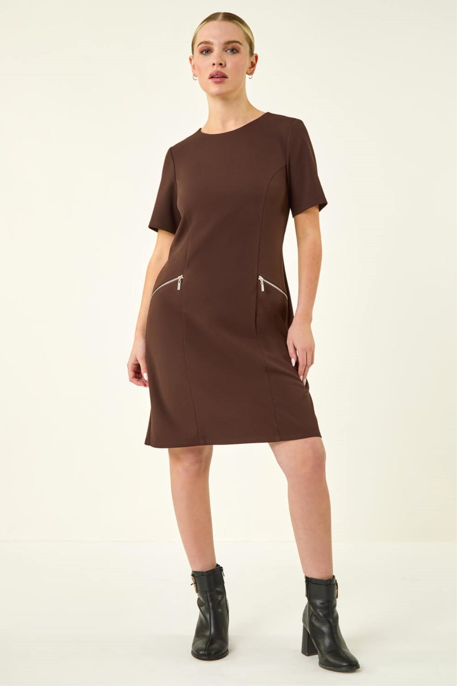 Roman Chocolate Petite Zip Pocket Stretch Dress