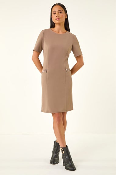 Roman Taupe Petite Zip Pocket Stretch Dress