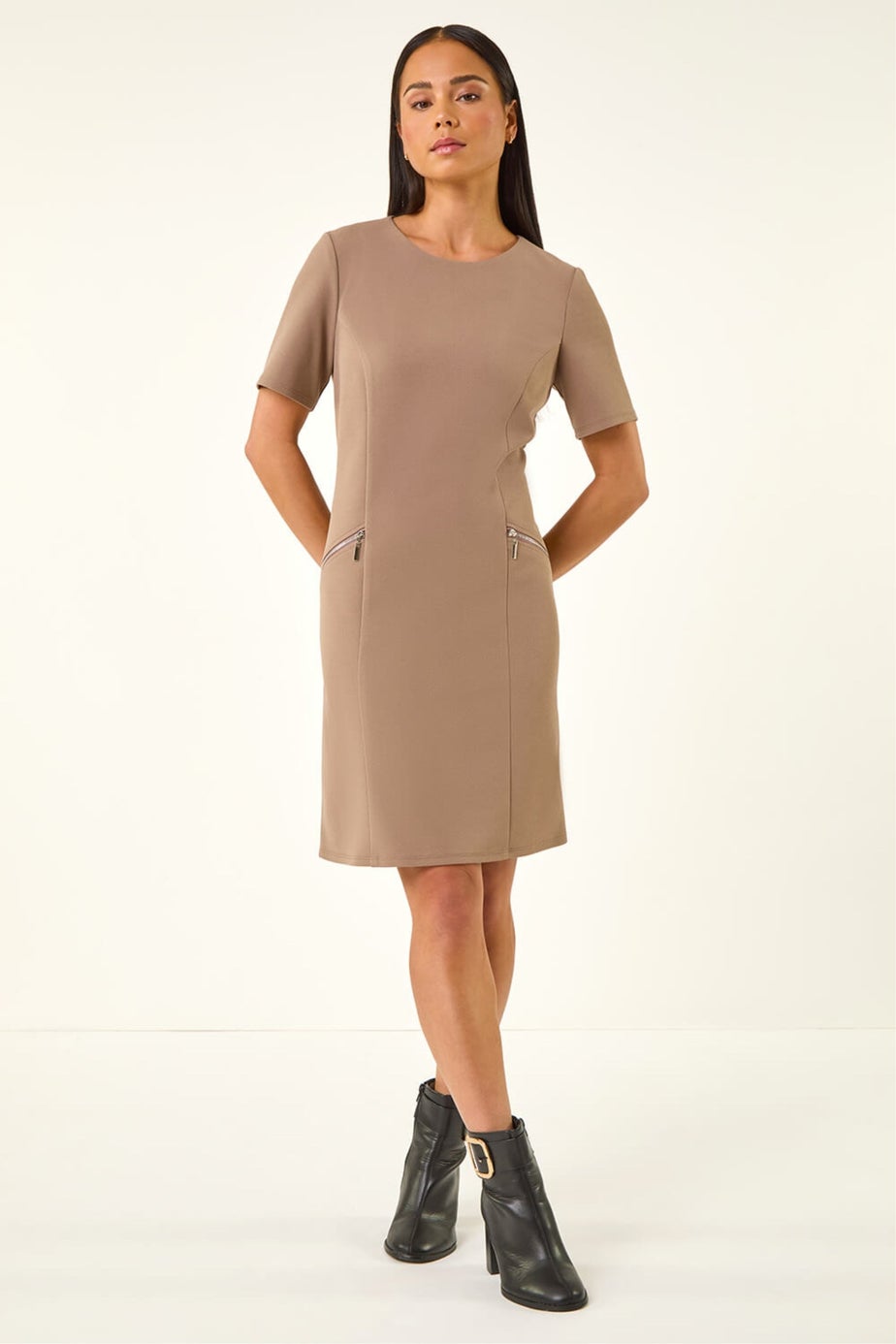 Roman Taupe Petite Zip Pocket Stretch Dress
