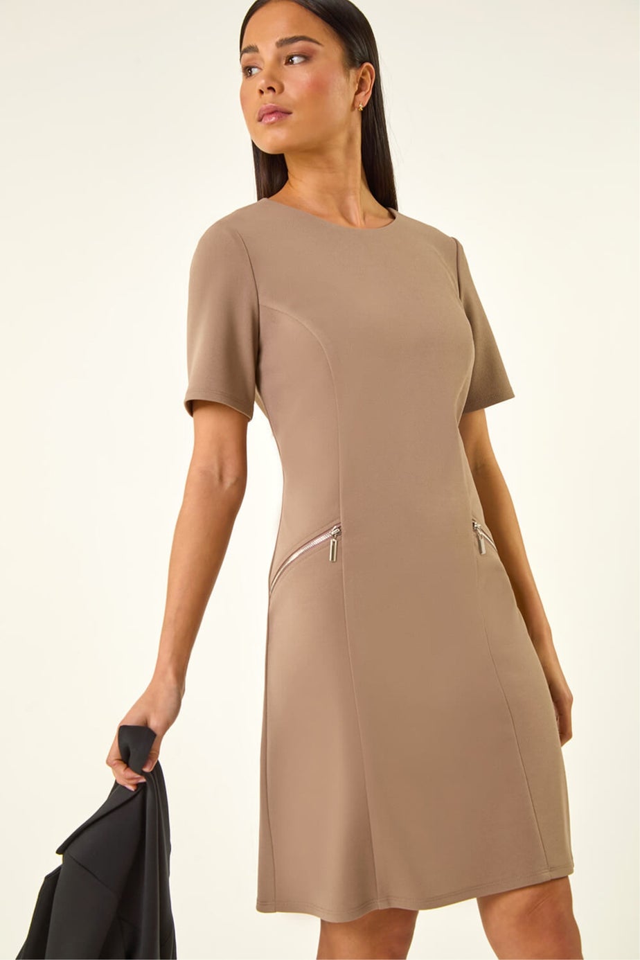 Roman Taupe Petite Zip Pocket Stretch Dress