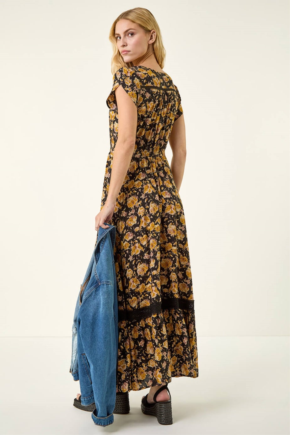 Roman Yellow Floral Buttoned Midi Dress