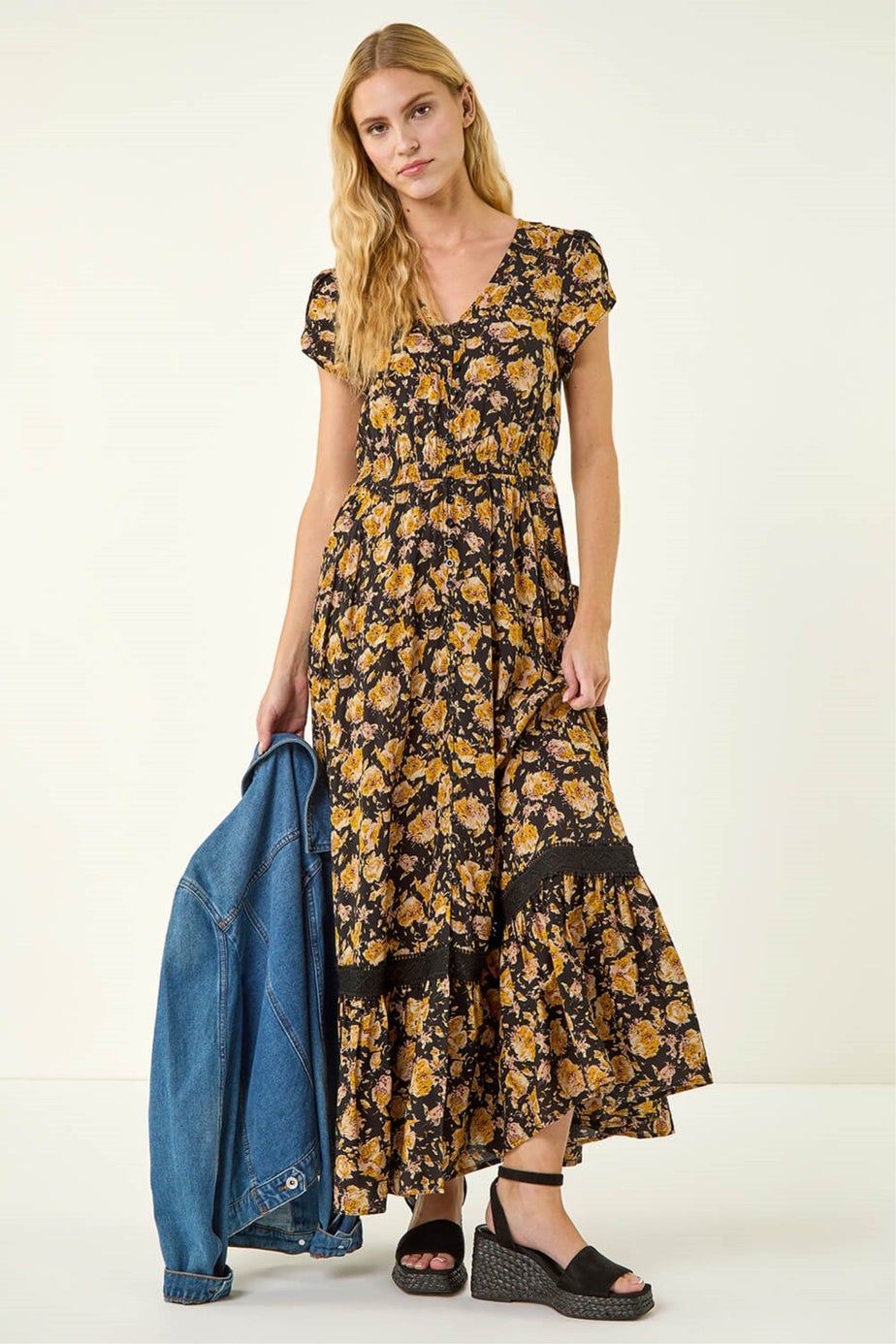 Roman Yellow Floral Buttoned Midi Dress