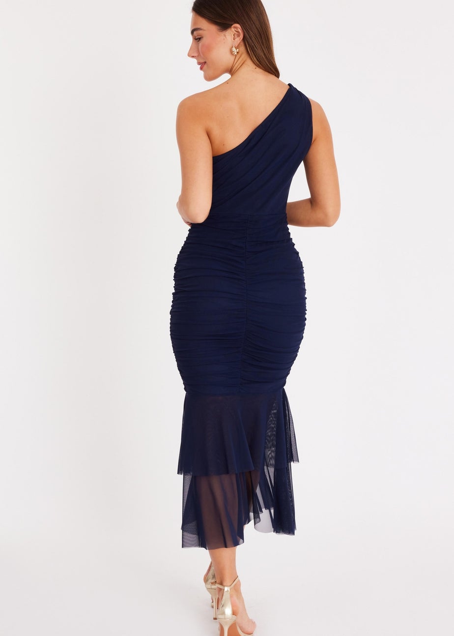 Quiz Navy Mesh One Shoulder Midaxi Dress