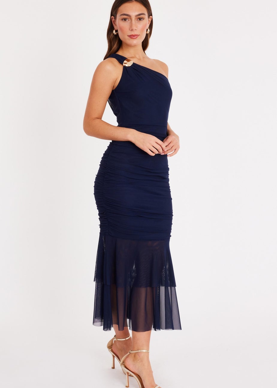 Quiz Navy Mesh One Shoulder Midaxi Dress