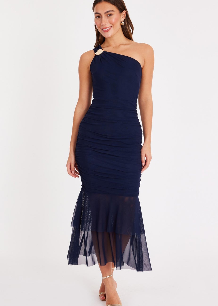 Quiz Navy Mesh One Shoulder Midaxi Dress