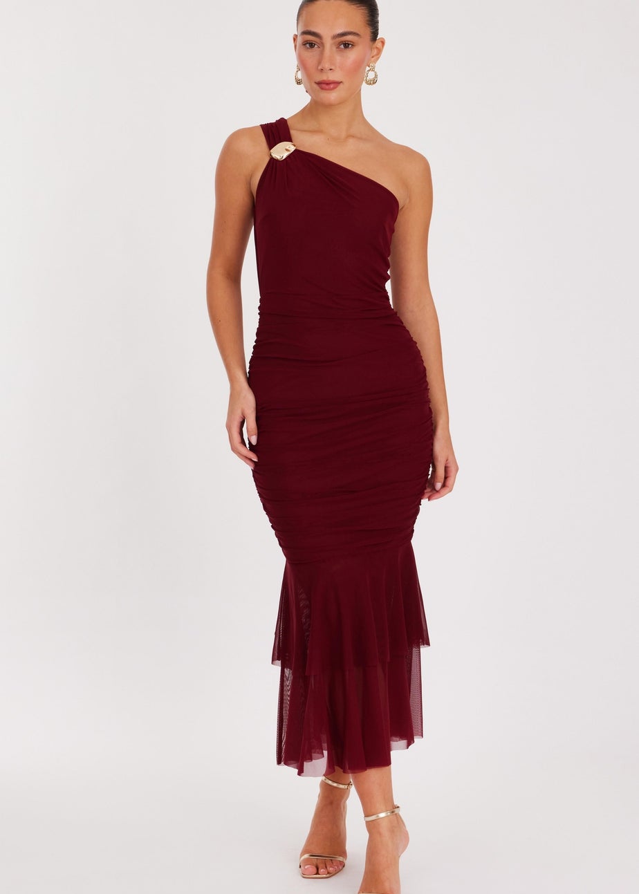 Quiz Burgundy Mesh One Shoulder Midaxi Dress