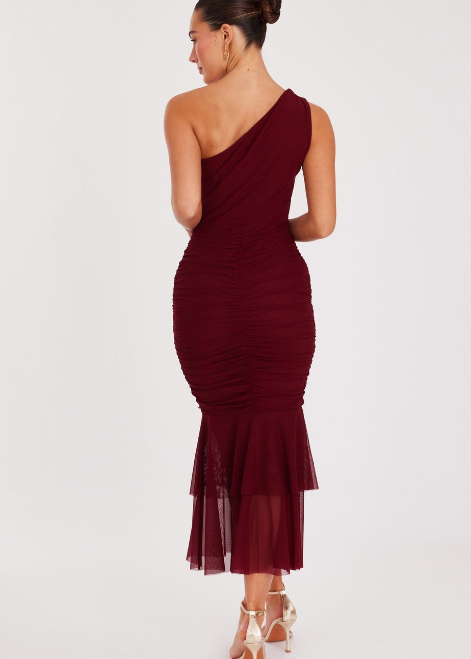 Quiz Burgundy Mesh One Shoulder Midaxi Dress