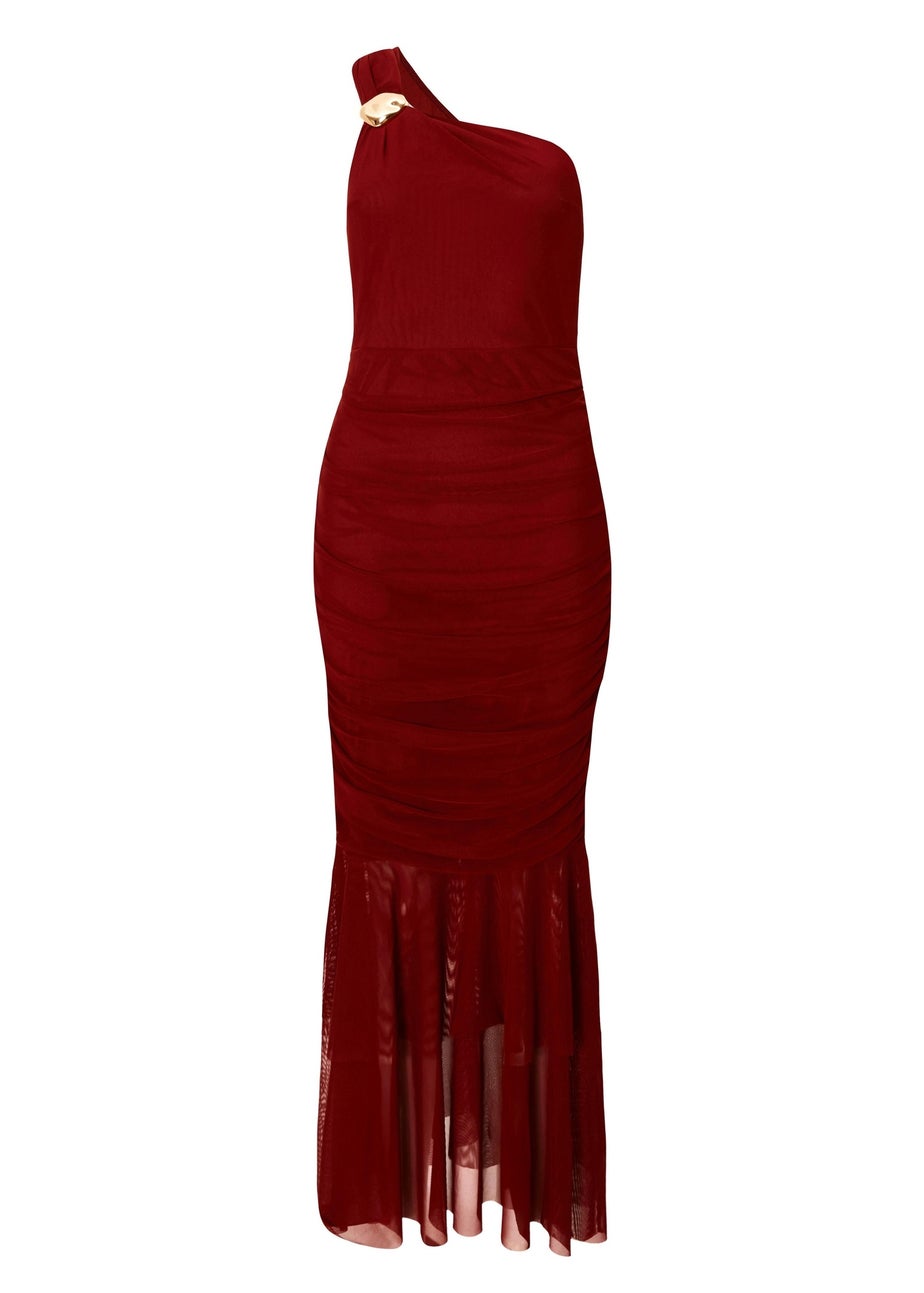 Quiz Burgundy Mesh One Shoulder Midaxi Dress