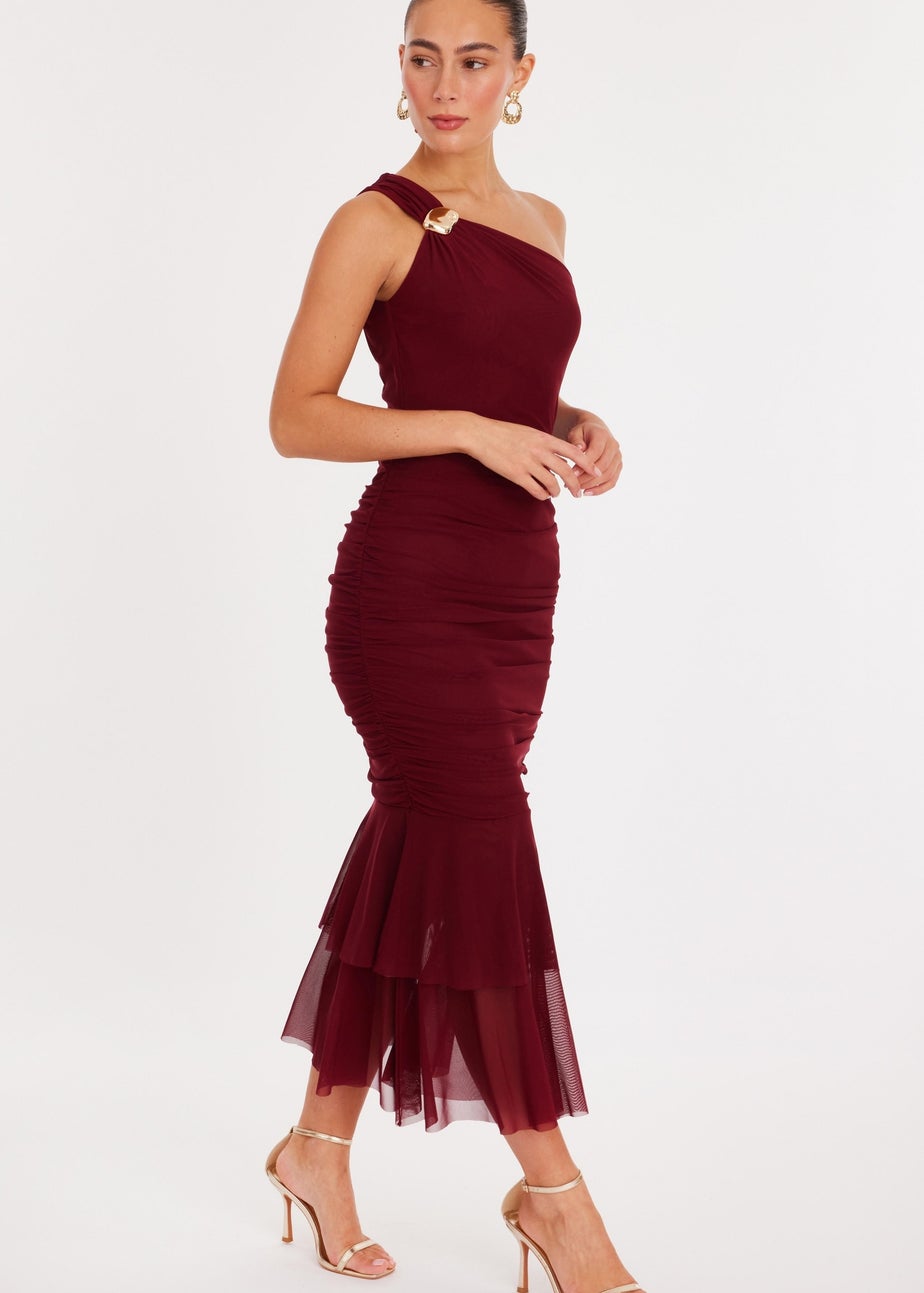 Quiz Burgundy Mesh One Shoulder Midaxi Dress
