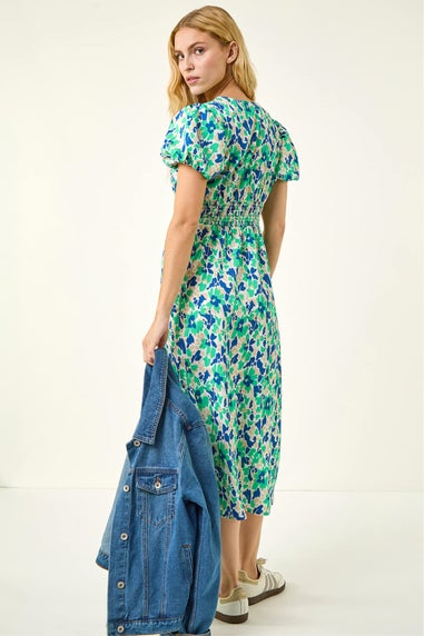 Roman Green Abstract Shirred Waist Midi Dress