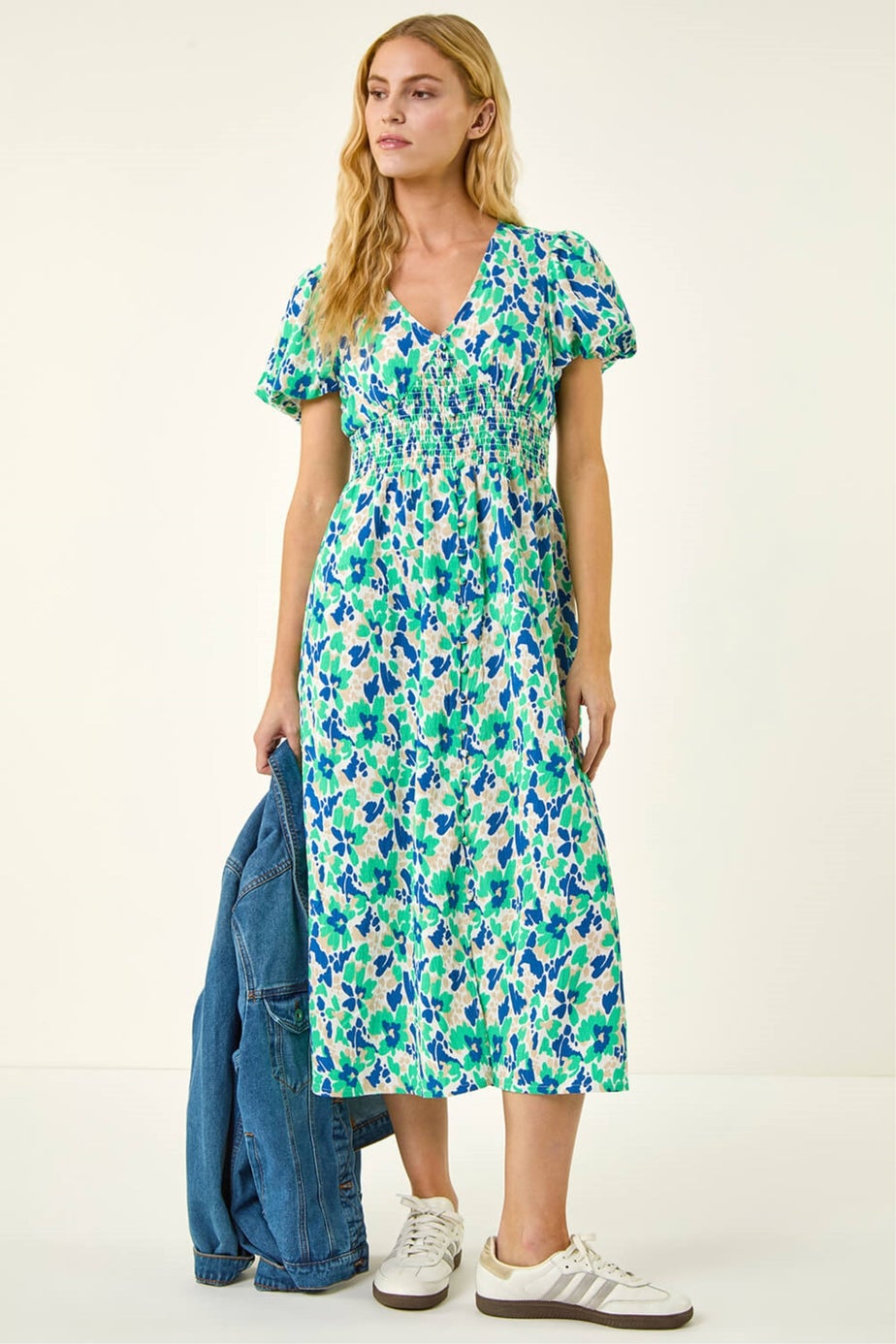 Roman Green Abstract Shirred Waist Midi Dress