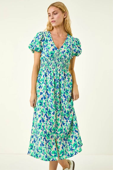 Roman Green Abstract Shirred Waist Midi Dress