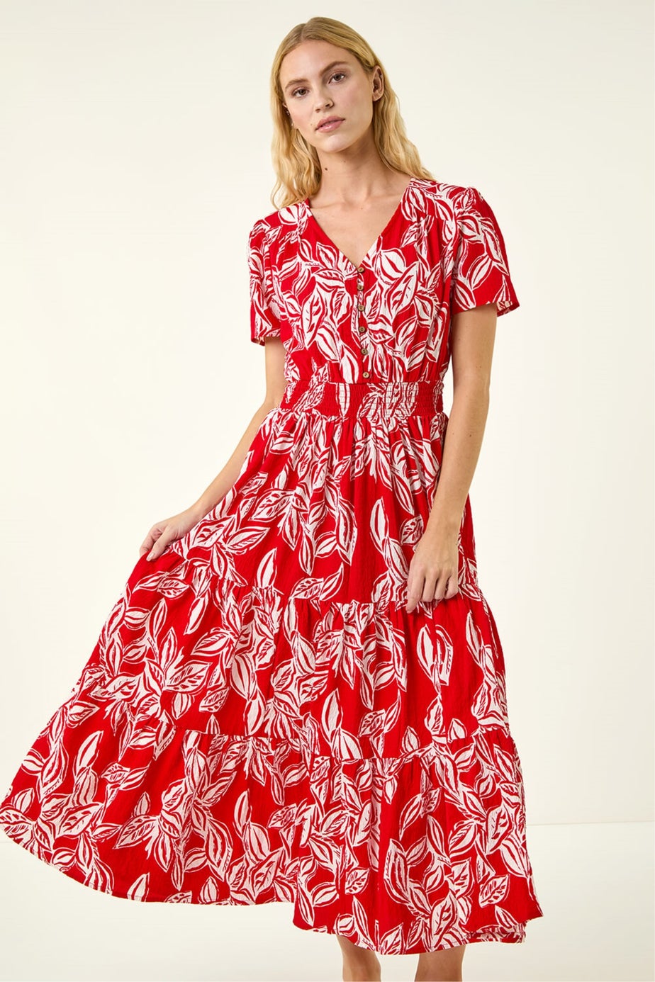 Roman Red Leaf Print Shirred Maxi Dress
