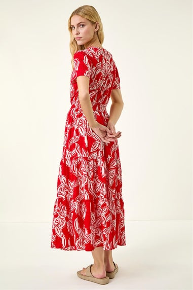 Roman Red Leaf Print Shirred Maxi Dress