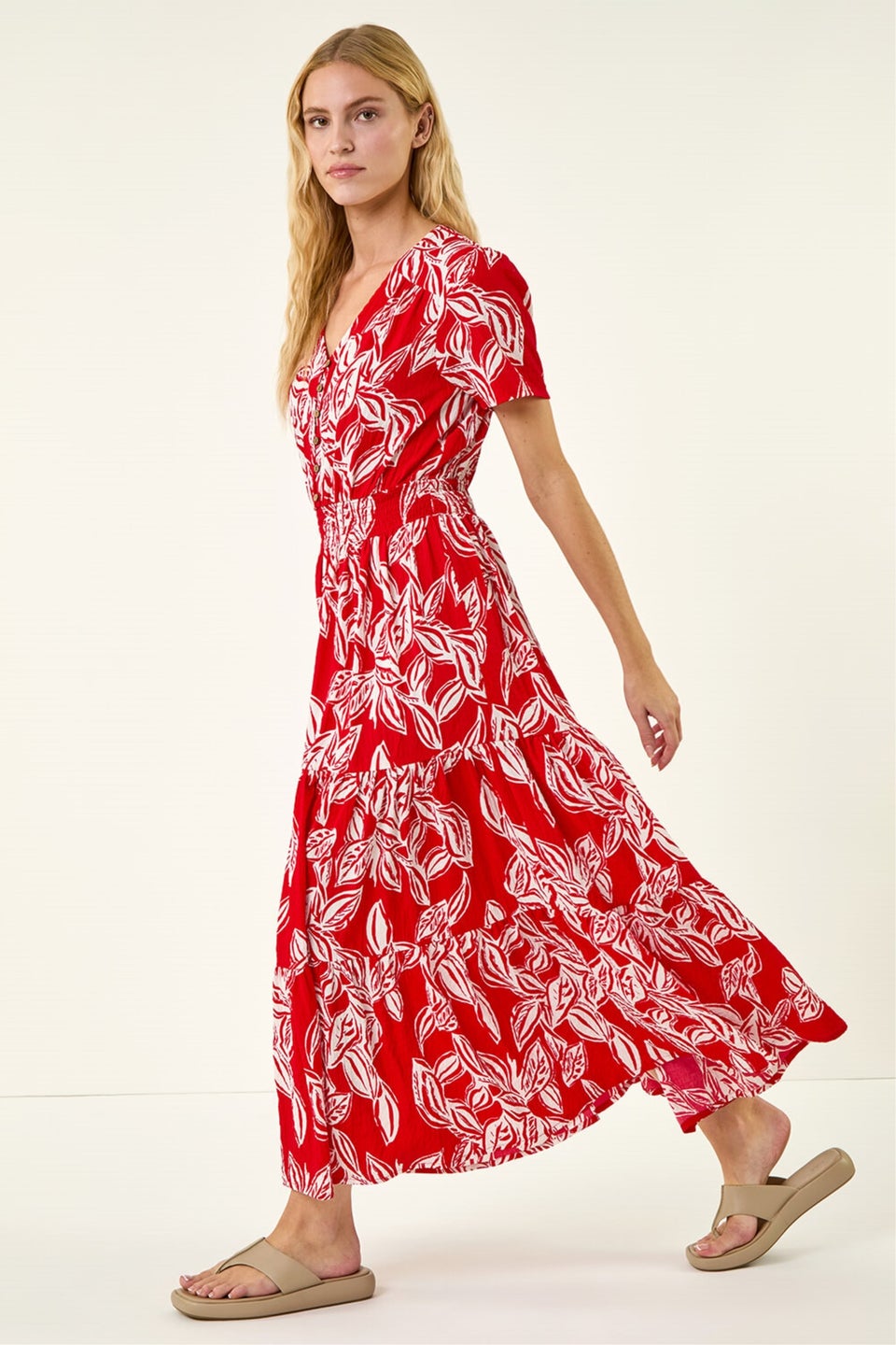 Roman Red Leaf Print Shirred Maxi Dress