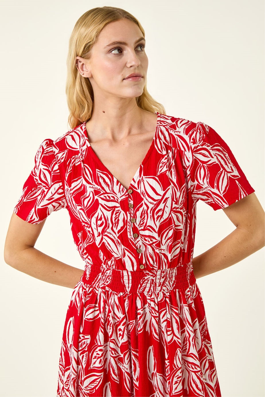 Roman Red Leaf Print Shirred Maxi Dress