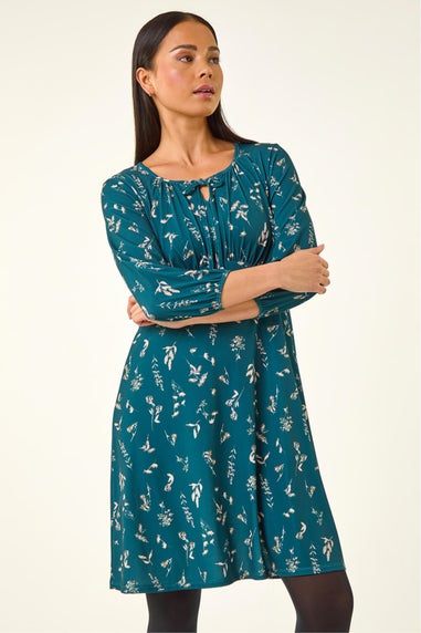 Roman Teal Petite Floral Tie Front Stretch Dress