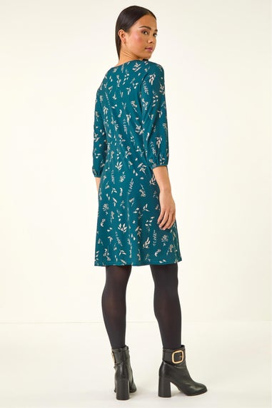 Roman Teal Petite Floral Tie Front Stretch Dress
