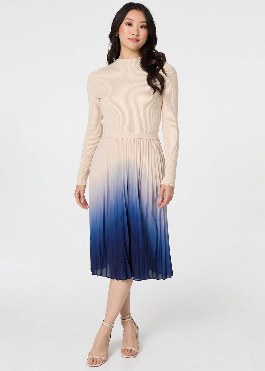 Izabel London Cream Ombre Tie Waist Pleated Knit Midi Dress