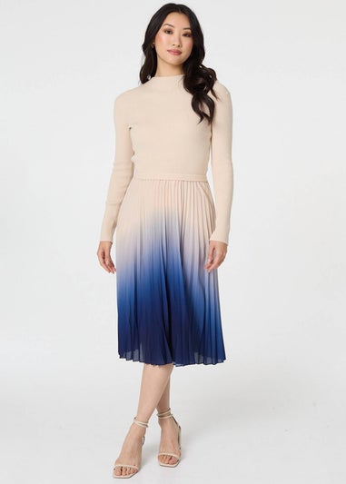 Izabel London Cream Ombre Tie Waist Pleated Knit Midi Dress