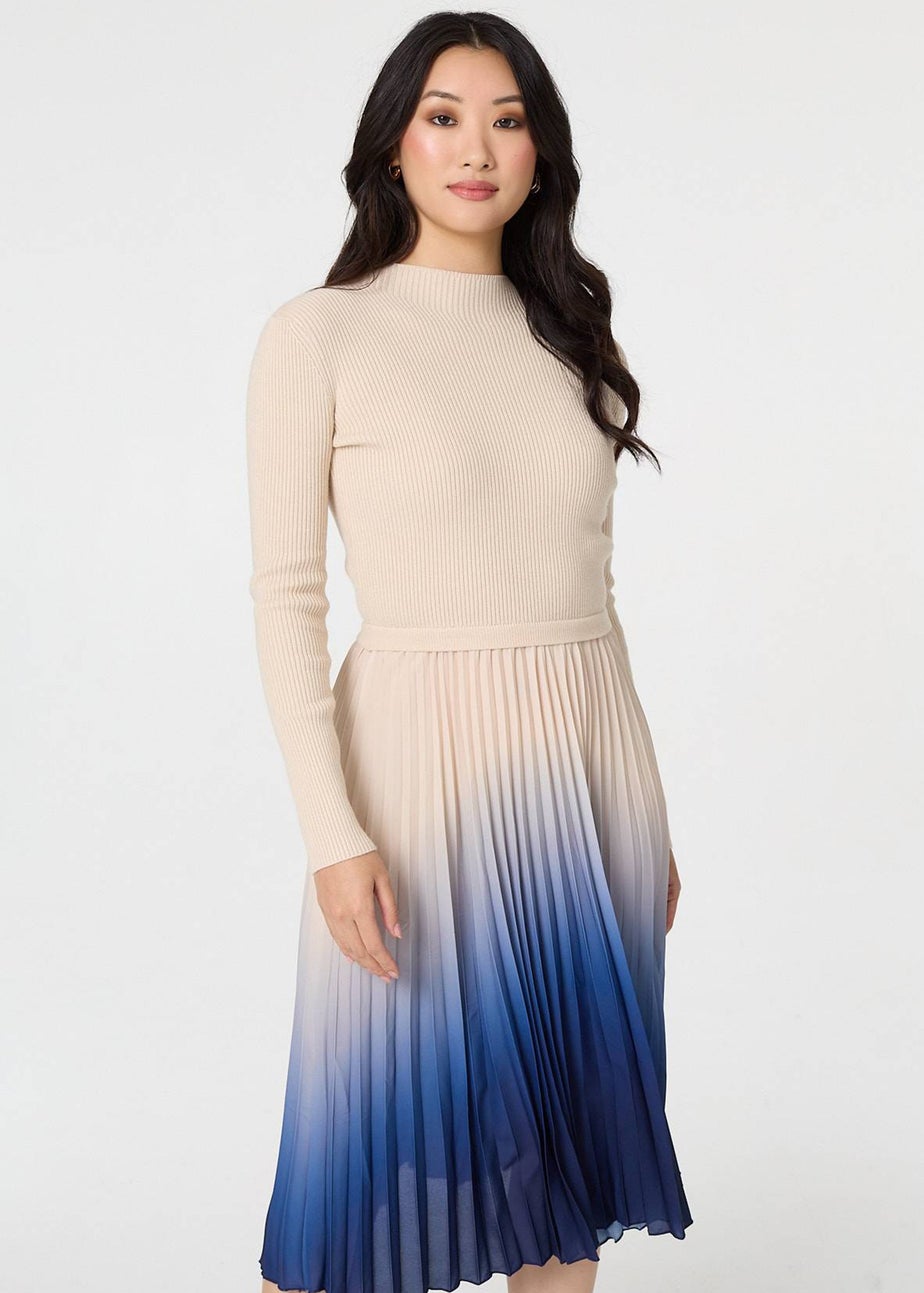 Izabel London Cream Ombre Tie Waist Pleated Knit Midi Dress