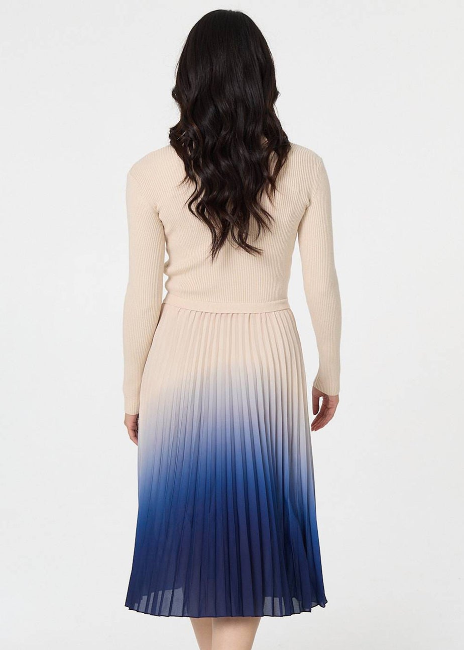 Izabel London Cream Ombre Tie Waist Pleated Knit Midi Dress