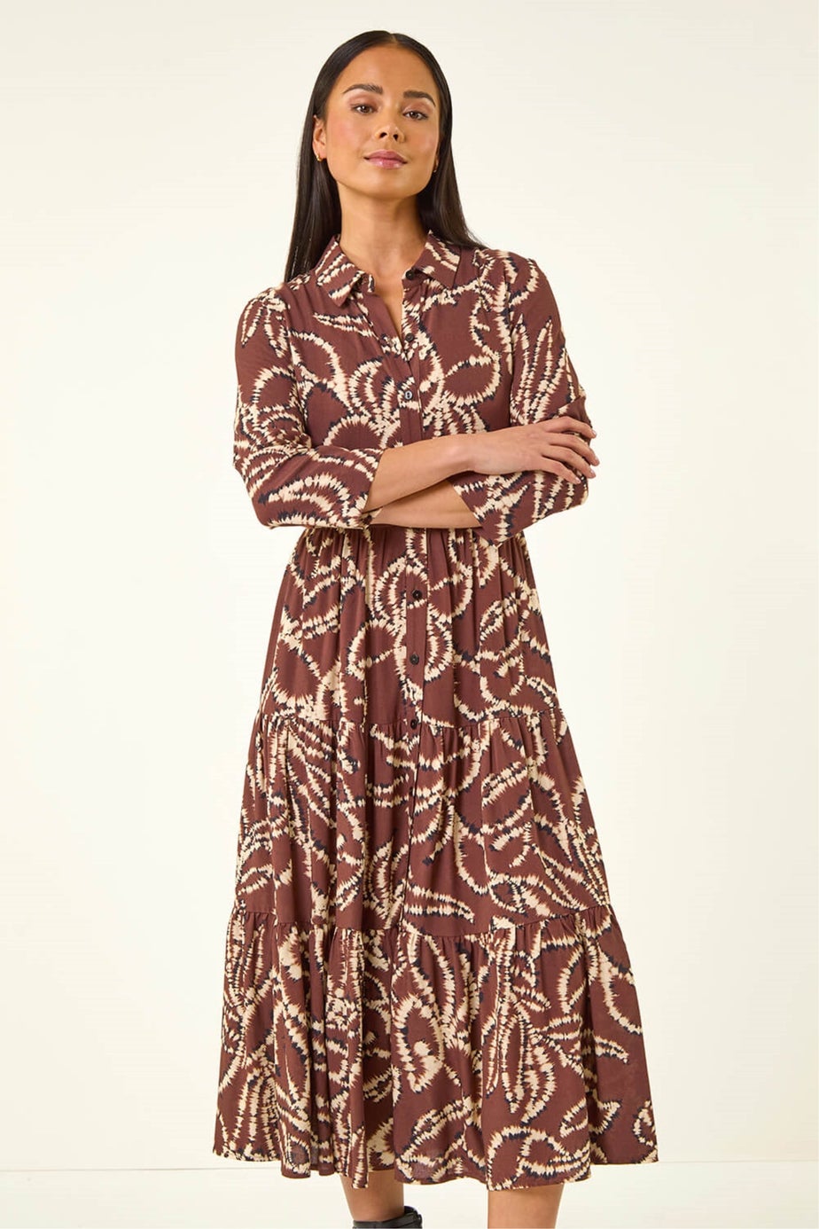 Roman Chocolate Petite Tiered Midi Dress