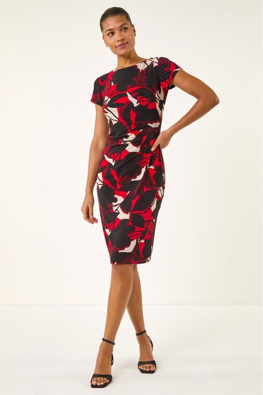 Roman Red Leaf Print Gathered Shift Dress