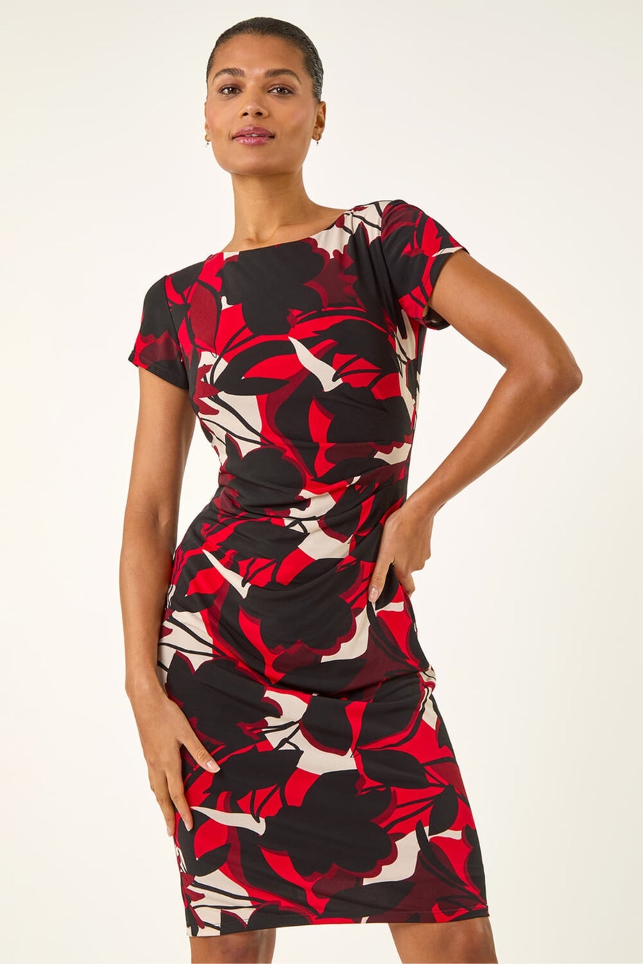 Roman Red Leaf Print Gathered Shift Dress