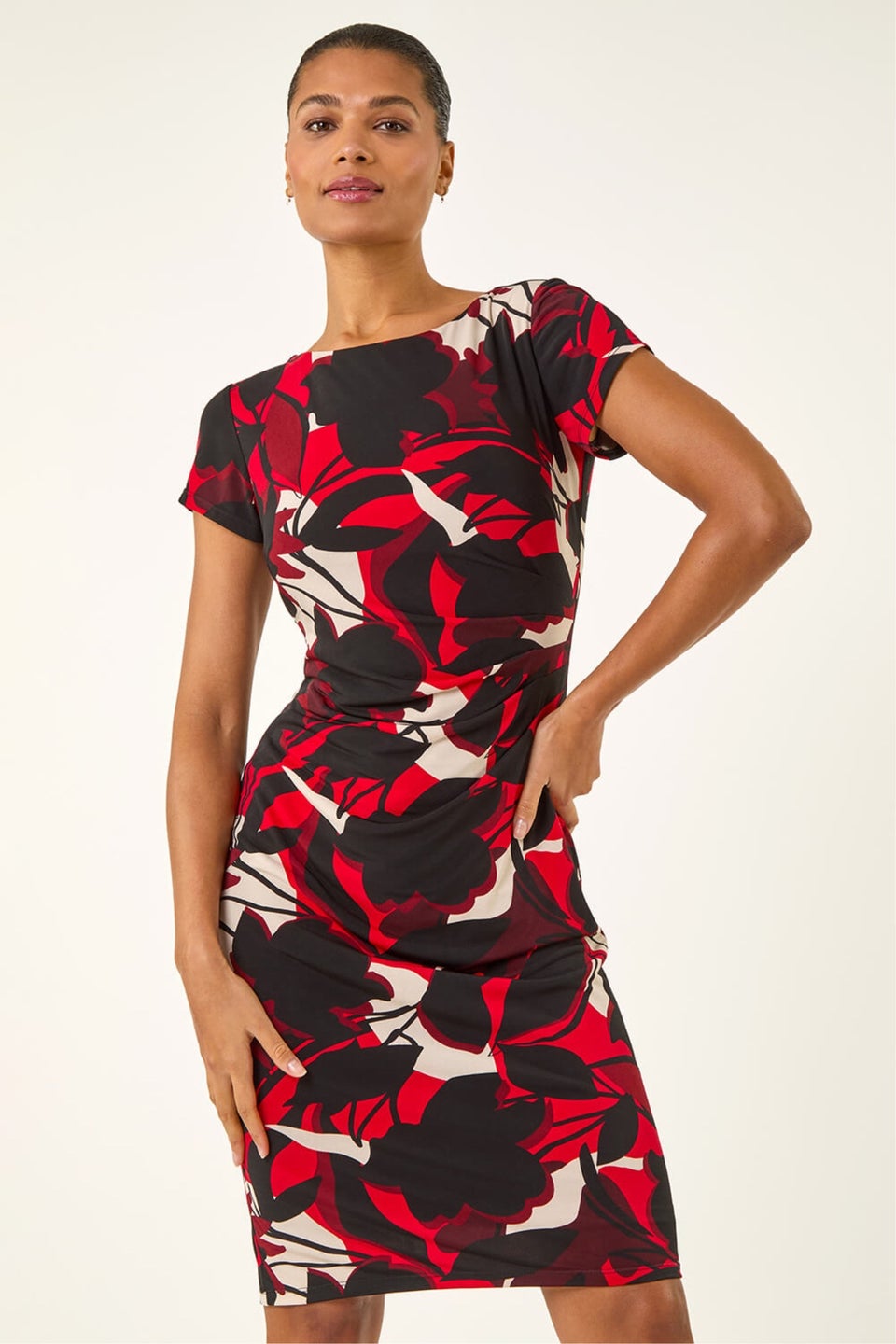 Roman Red Leaf Print Gathered Shift Dress