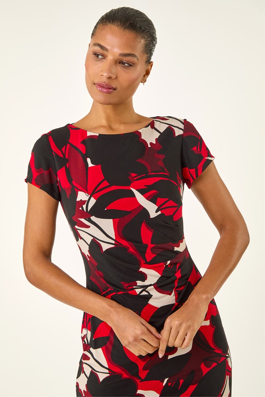 Roman Red Leaf Print Gathered Shift Dress