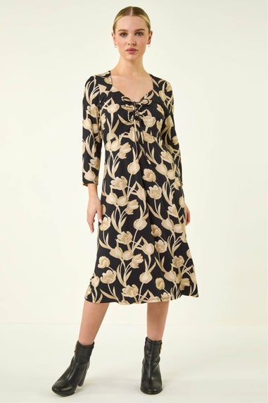 Roman Black Petite Floral Gathered Stretch Midi Dress