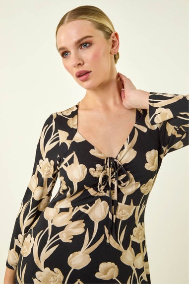 Roman Black Petite Floral Gathered Stretch Midi Dress