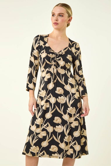 Roman Black Petite Floral Gathered Stretch Midi Dress