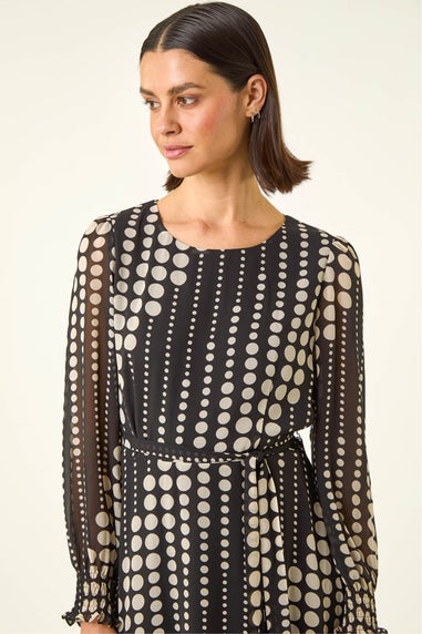 Roman Black Spot Print Shirred Midi Dress