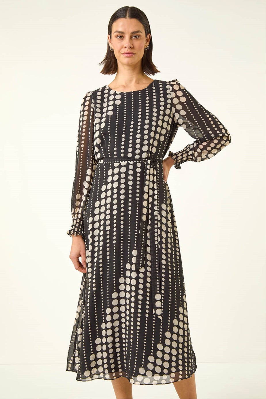 Roman Black Spot Print Shirred Midi Dress