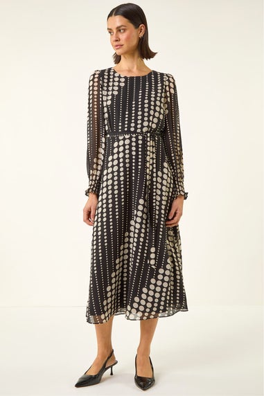 Roman Black Spot Print Shirred Midi Dress