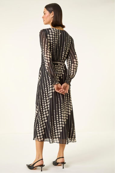 Roman Black Spot Print Shirred Midi Dress