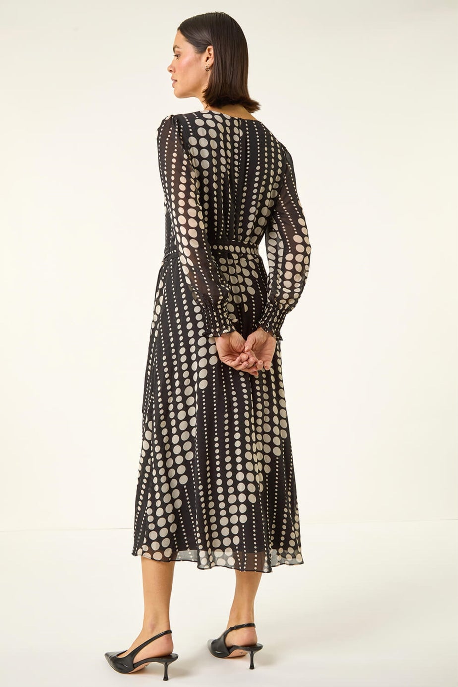 Roman Black Spot Print Shirred Midi Dress
