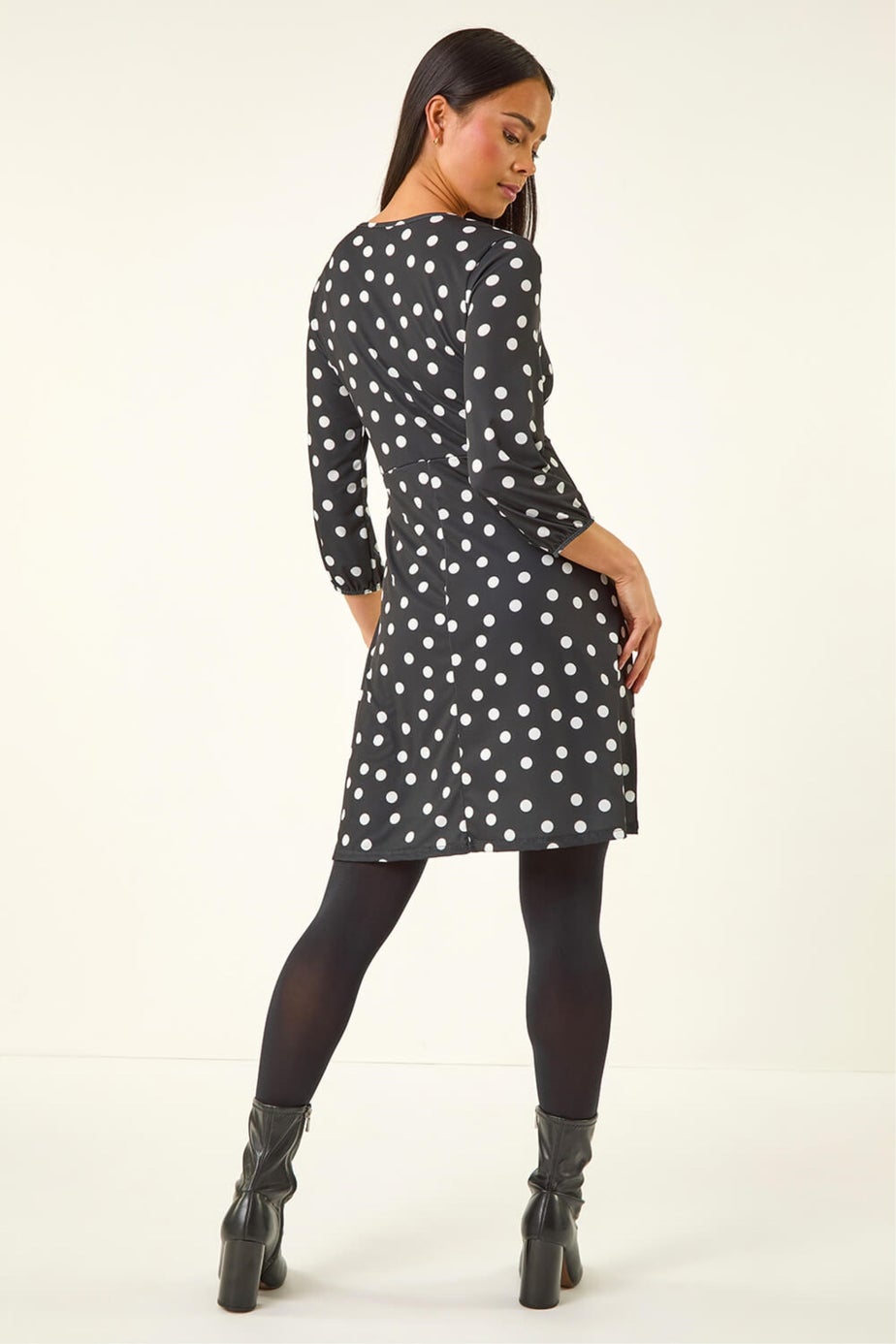 Roman Black Petite Polka Dot Gathered Stretch Dress
