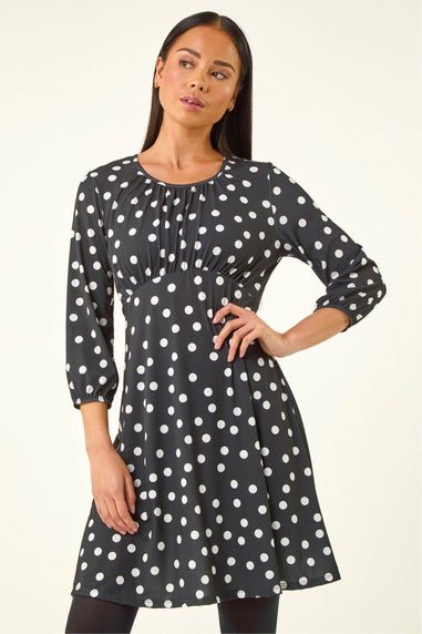 Roman Black Petite Polka Dot Gathered Stretch Dress